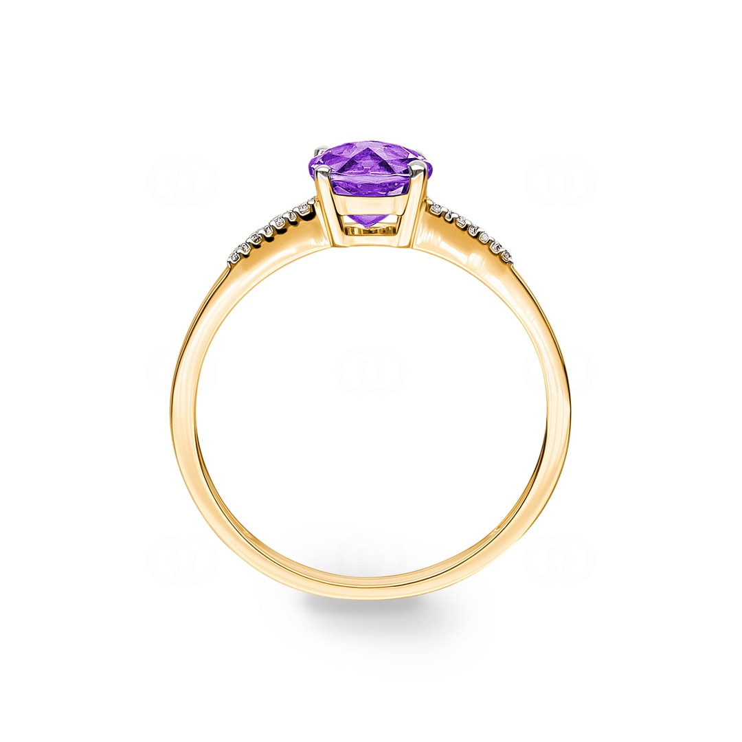 Damenring 750/18 K Gelbgold mit Amethyst rund und Diamanten 0.02 ct H/si