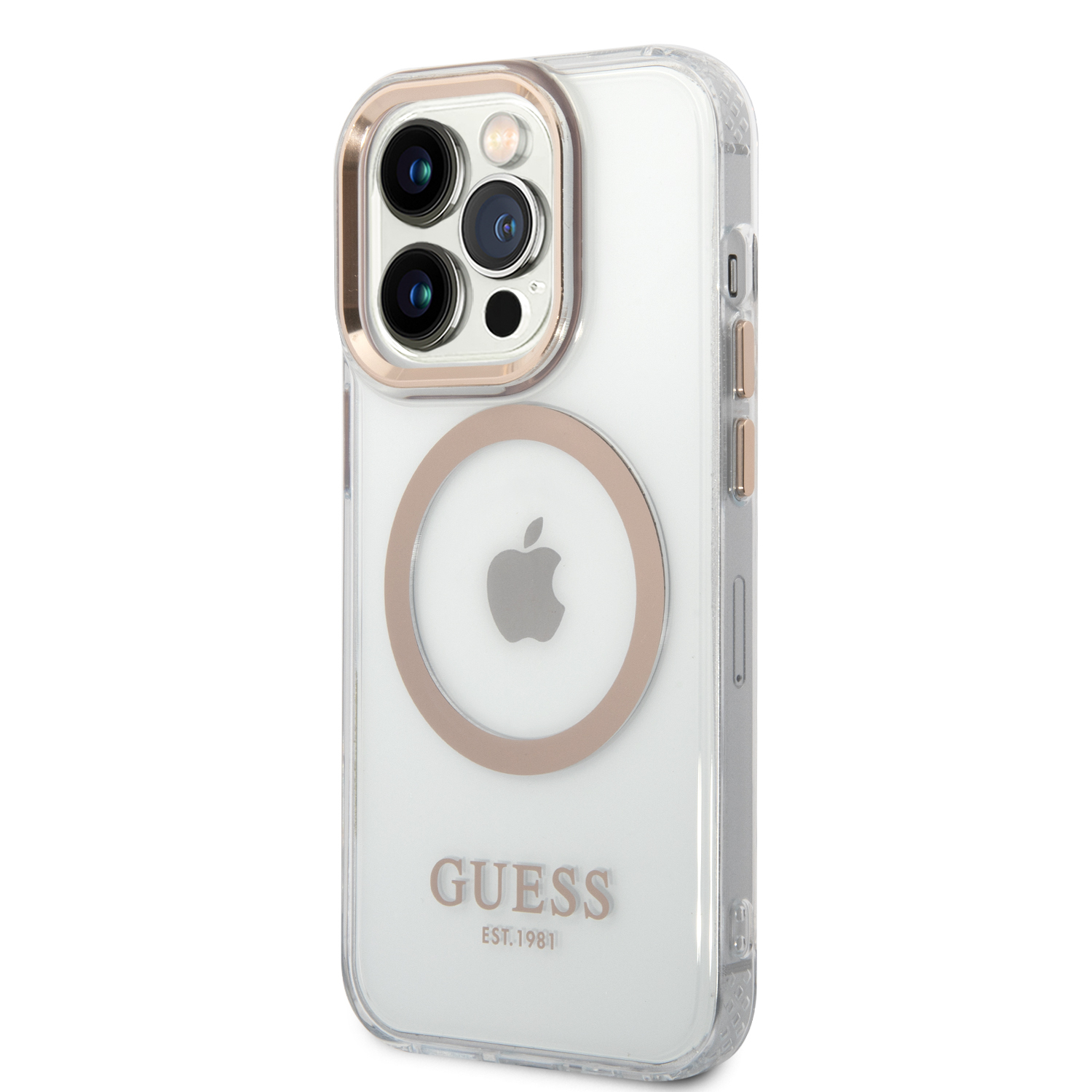 iPhone 14 Pro Max MagSafe Hardcase Hülle Metal Outline (GUHMP14XHTRMD) - Transparent / Gold