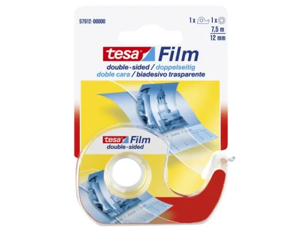 Dobbeltklæbende kontortape Tesafilm, 12 mm x 7,5 m, med dispenser