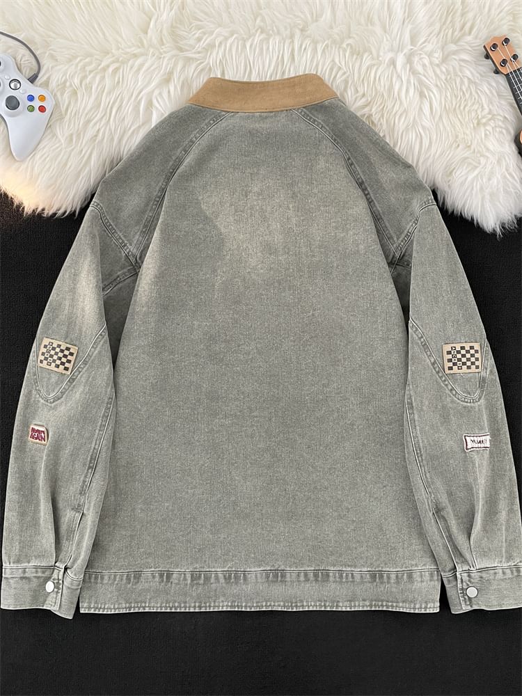 Plummie - Bandkraag Letterapplicatie Gewassen Paneel Rits Denim Jack