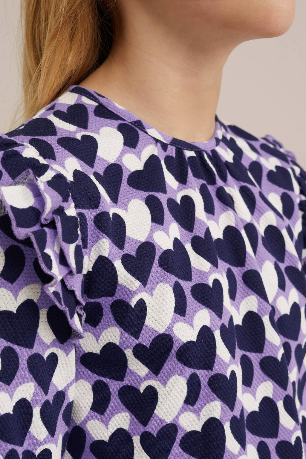 WE Fashion longsleeve met hartjes en ruches lila/donkerpaars/wit