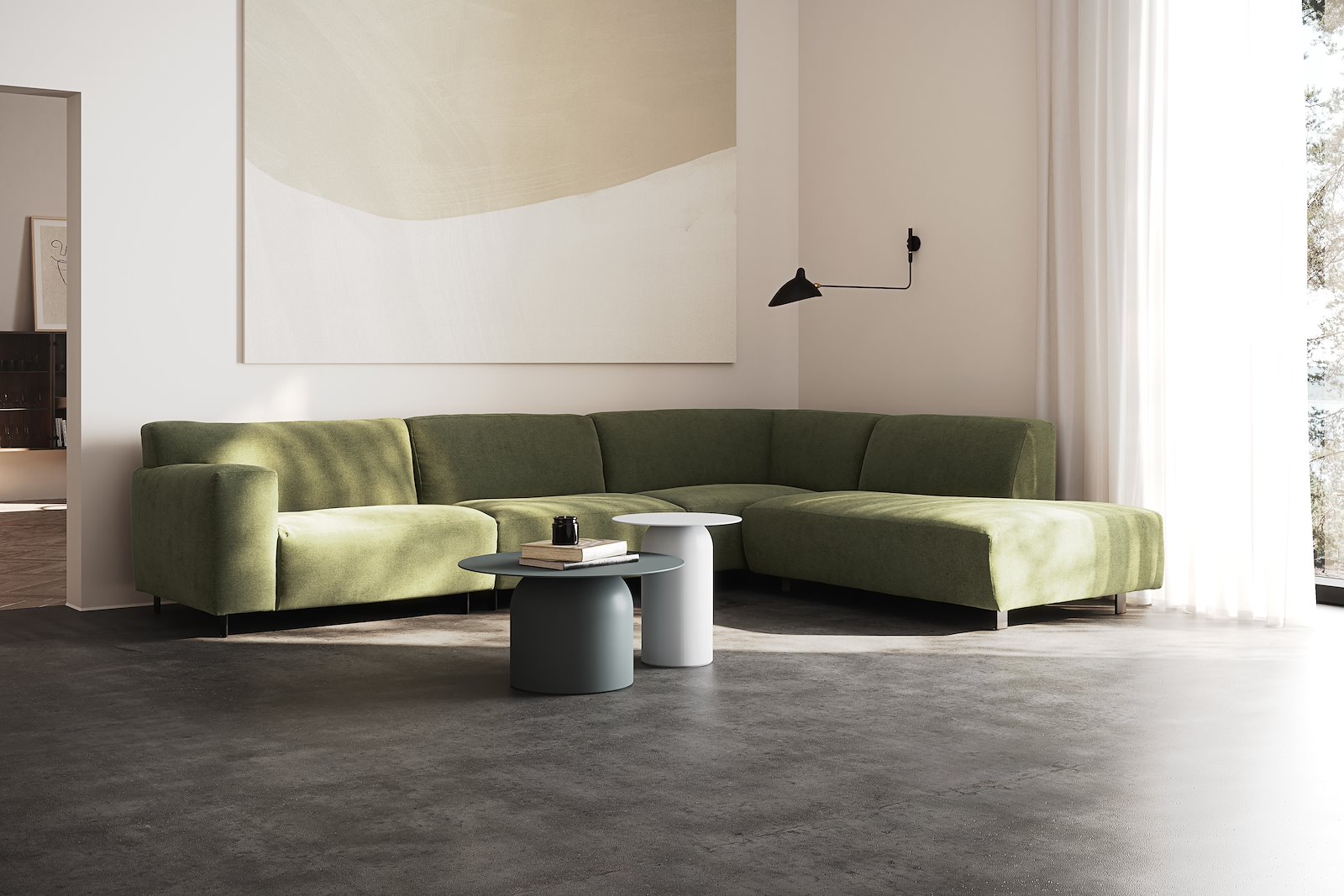 Vesta hjørnesofa 3-seter med åpen ende høyre, Big hjørnemodul, Tekstil Velvety Green, standardsøm, sort metallben 10 cm, Comfort CM