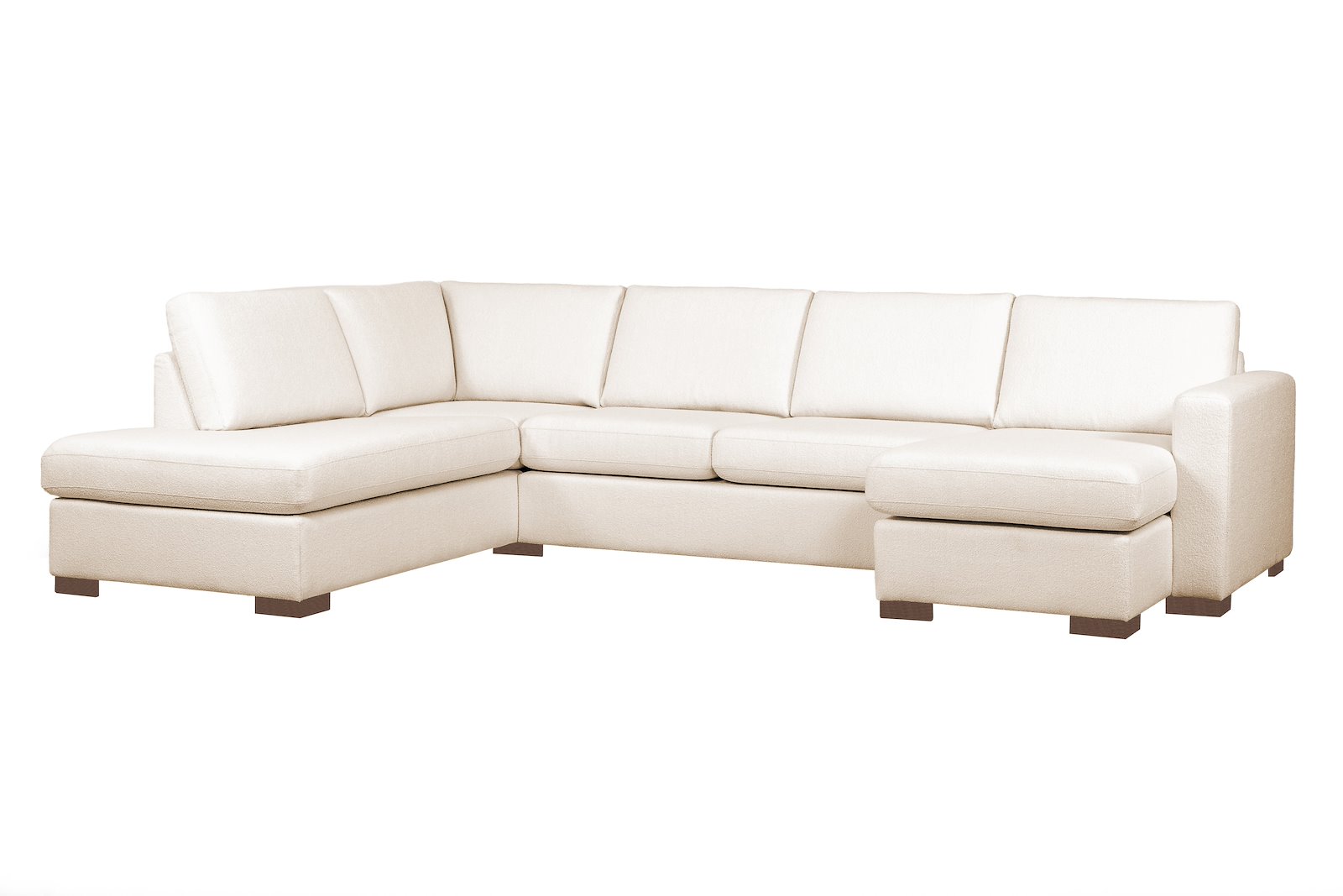 Pixel U-sofa (C1) Åpen ende venstre, hjørne, 2-seter og sjeselong høyre. I tekstil Jenny beige, lav front, smoked treben W33, og arm A15. Komfort 1.