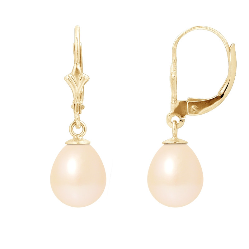 Boucles d'Oreilles Pendantes Perles de Culture Roses et or jaune 375/1000