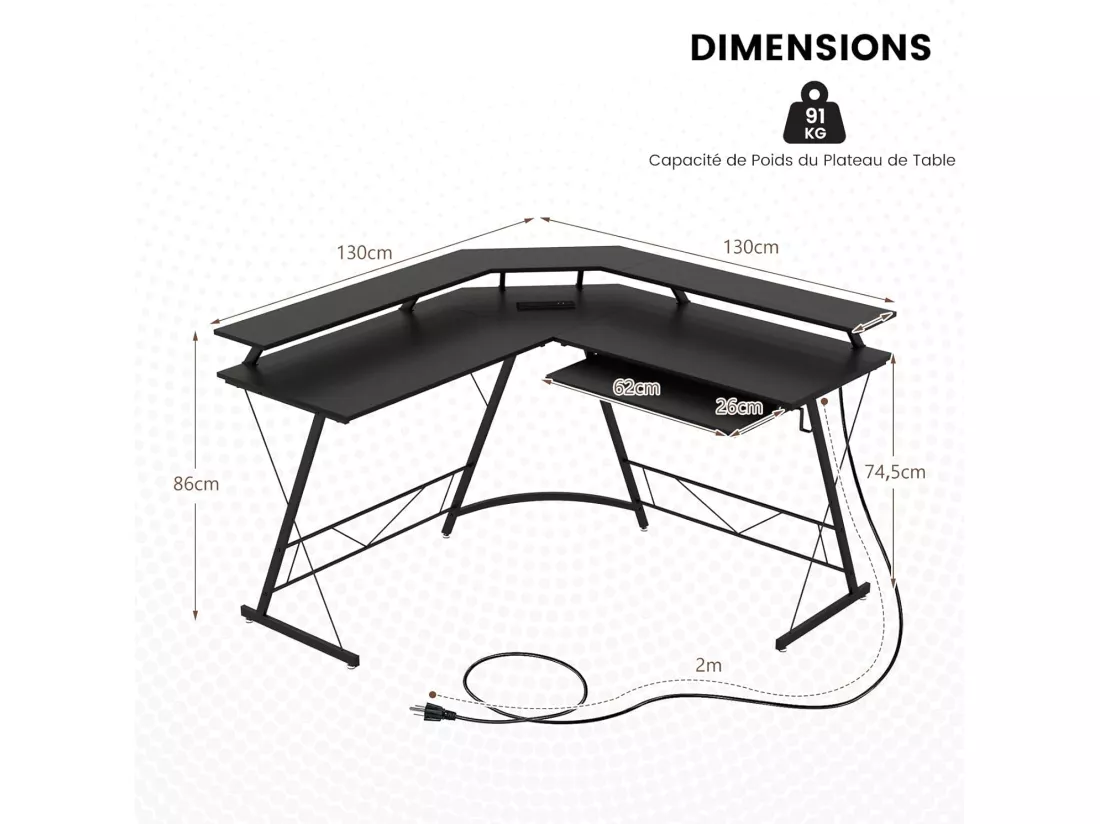 Bureau d'angle 130 x 130 cm, Bureau d'Ordinateur en Forme de L avec Long Support de Moniteur, Plateau à Clavier, Table Informatique avec 2 Prises de Courant & 2 USB (Noir)