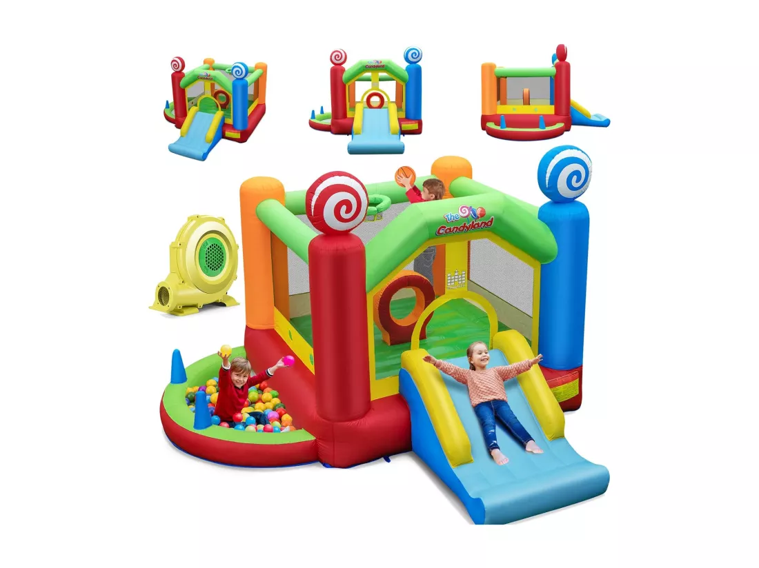 Château Gonflable avec Souffleur 680W, Maison de Saut Géante Intérieure Extérieure avec Toboggan, Décorations de Sucette, 50 Balles Océanique, Panier de Basket-Ball pour Enfants 3 Ans +