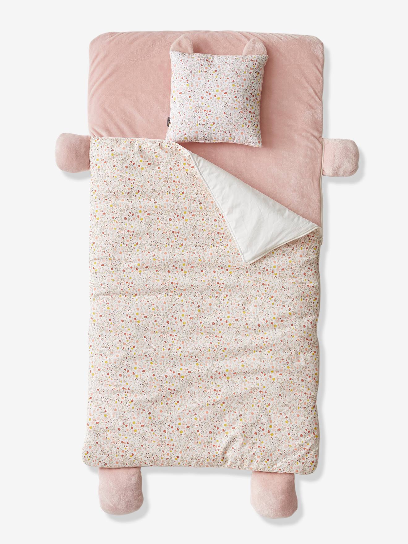 Saco de dormir tamanho médio com estampa de gato rosa