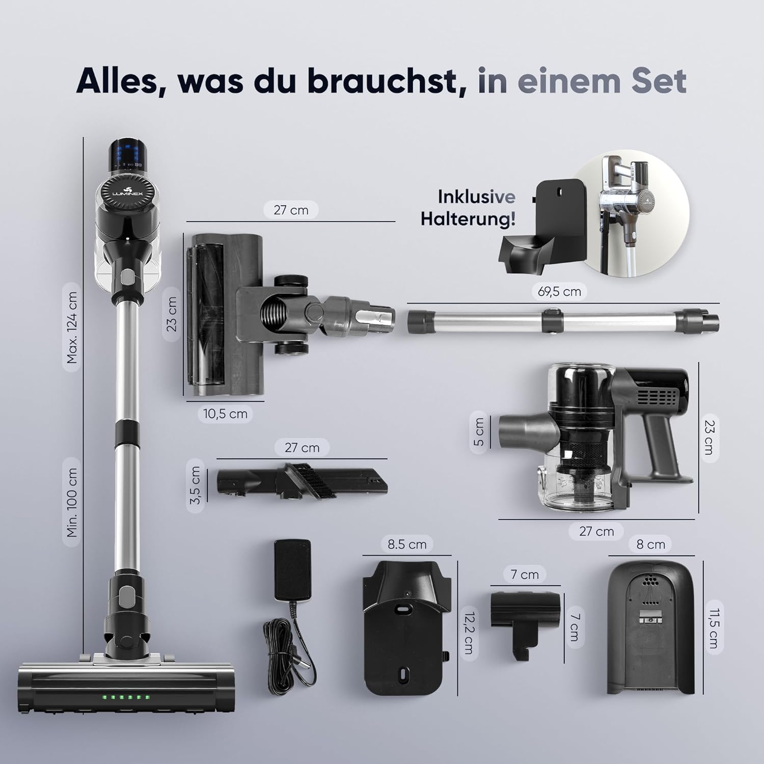 Akkustaubsauger [3-in-1] – kabelloser Staubsauger mit LED-Display & Echtzeit-Akkuanzeige | Anti-Tangle Bürste für Tierhaare | Akkusauger-Komplettset beutellos für Auto, Teppich & Haushalt