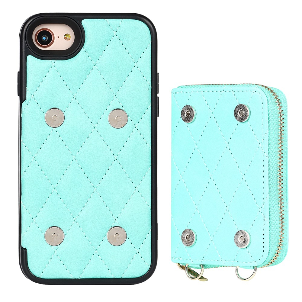 iPhone SE (2022/2020) / 8 / 7 Necklace Leder Hülle mit Magnet Wallet Kreditkarten Münzfach   Handykette (140cm) - Türkis