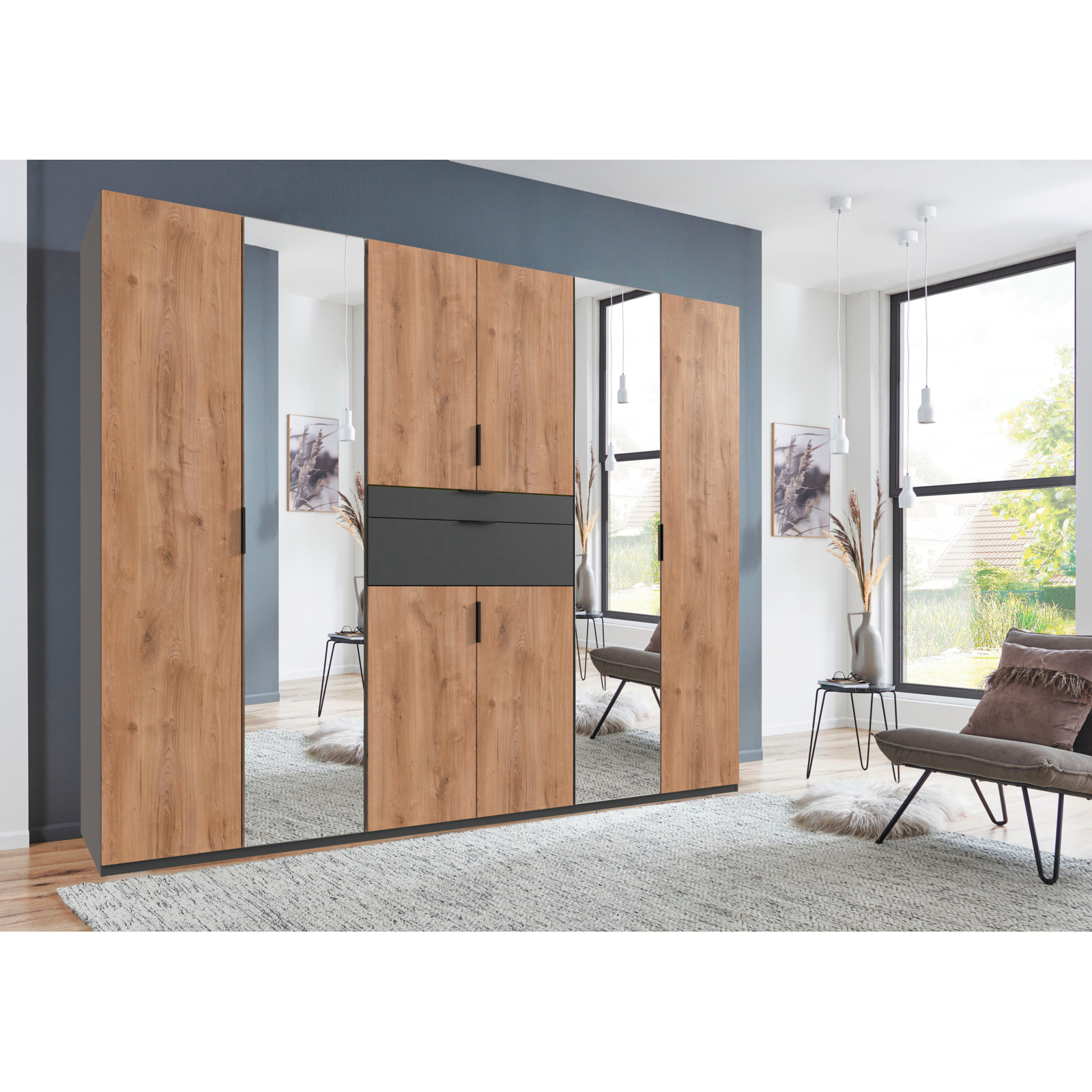 Drehtürenschrank Eliana, Dekor Graphit und Plankeneiche, 270 x 208 x 58 cm, mit Spiegel
