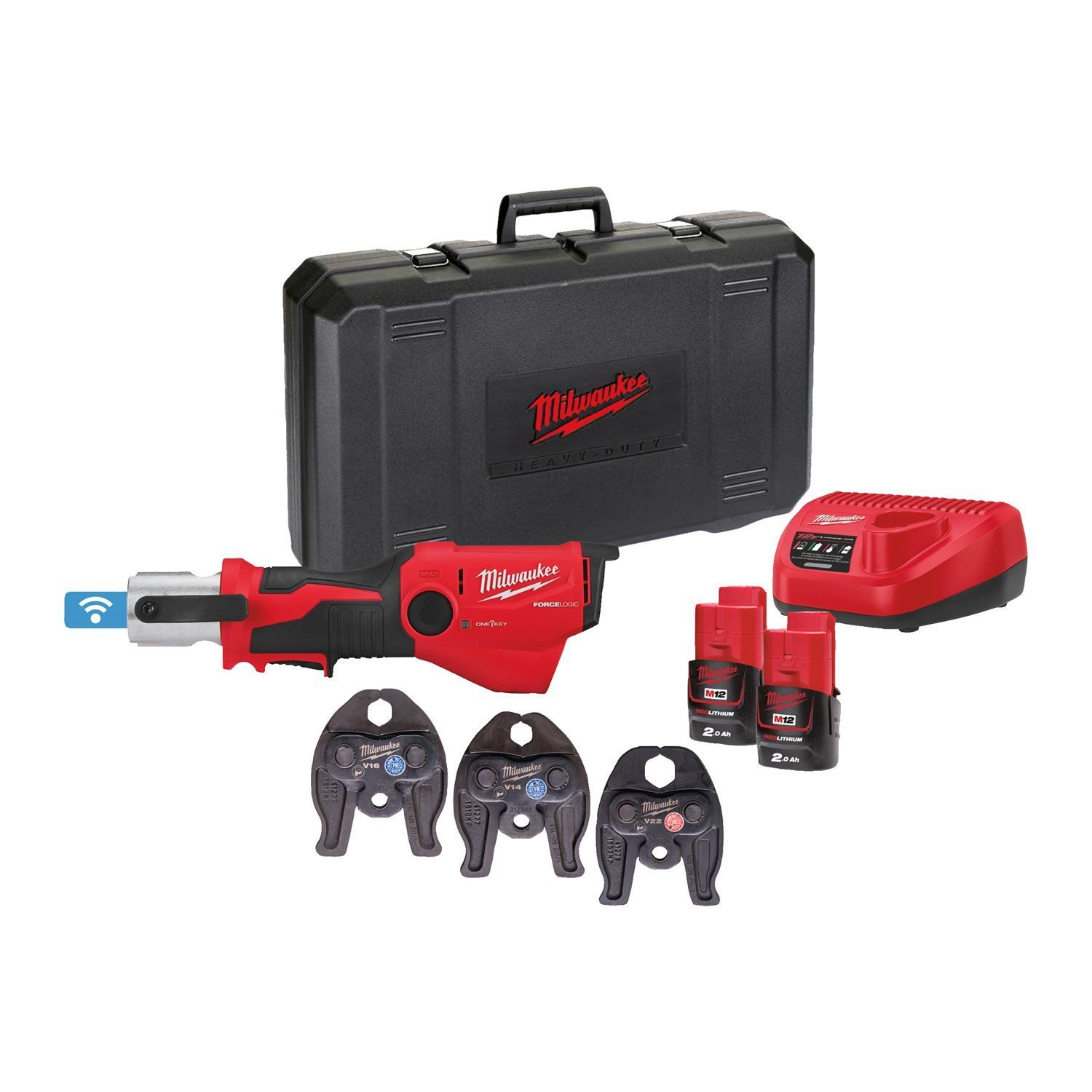 Milwaukee M12 ONEHPT-202C V-Set 2 FORCE LOGIC™ Accu hydraulische perstool 12V 2.0Ah in koffer - 4933481035