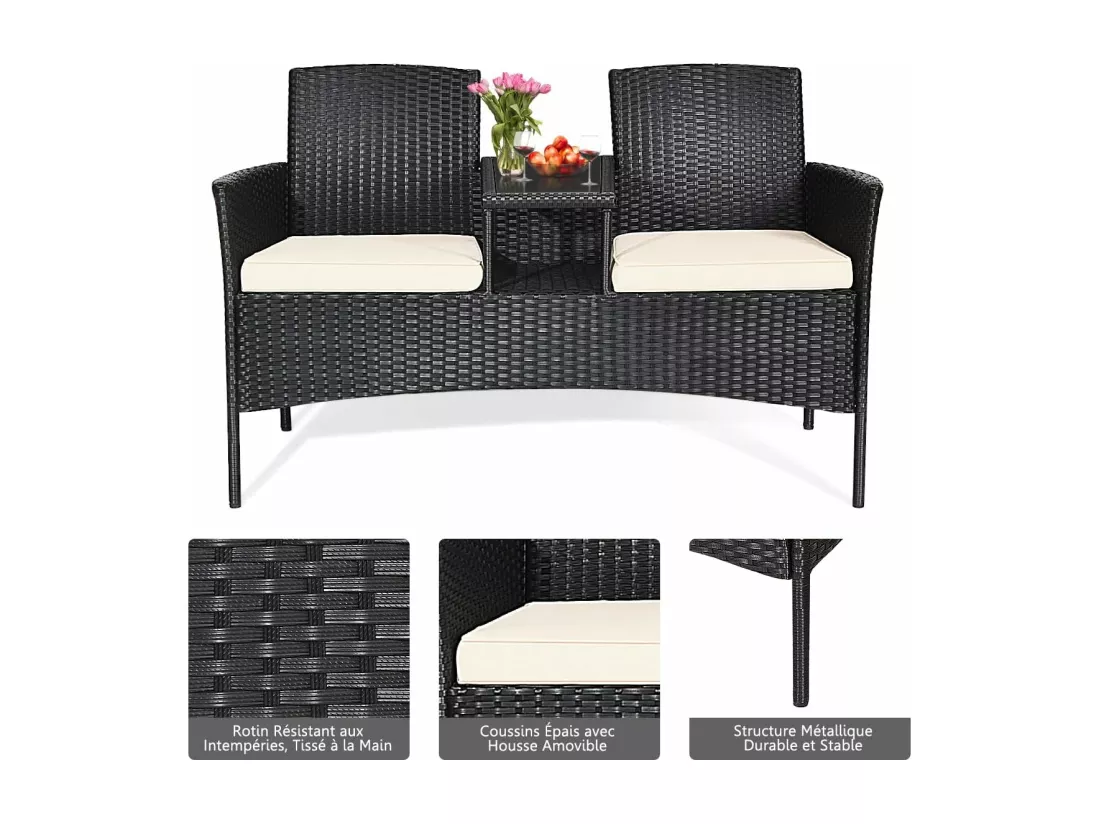 Banc de Jardin en Rotin 2 Personnes avec Table en Verre Trempé et Coussins, Salon de Jardin 2 Places pour Jardin, Balcon, Patio, 138 x 61 x 85 cm (Coussin Blanc)