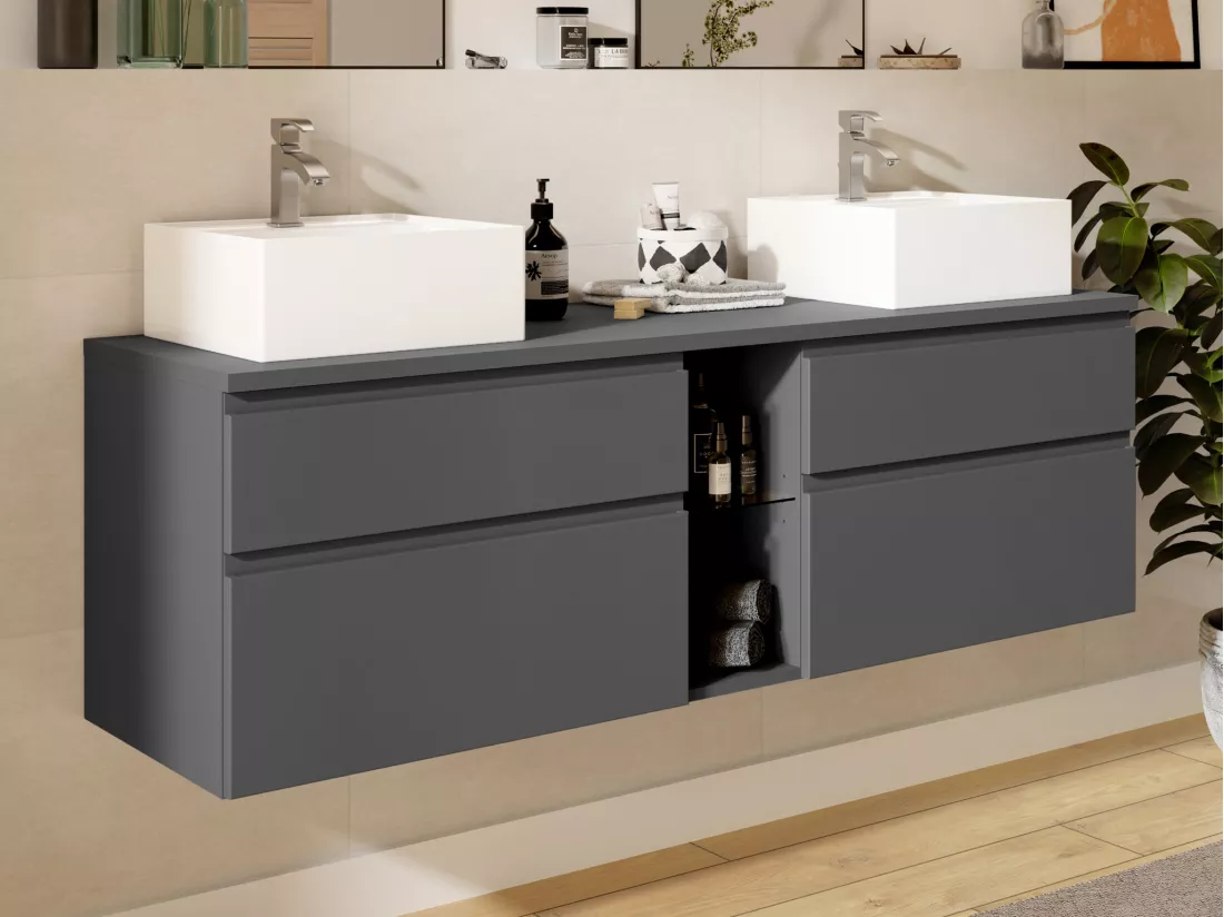 Meuble de salle de bain suspendu avec double vasque - Gris - 150 cm - MAGDALENA II