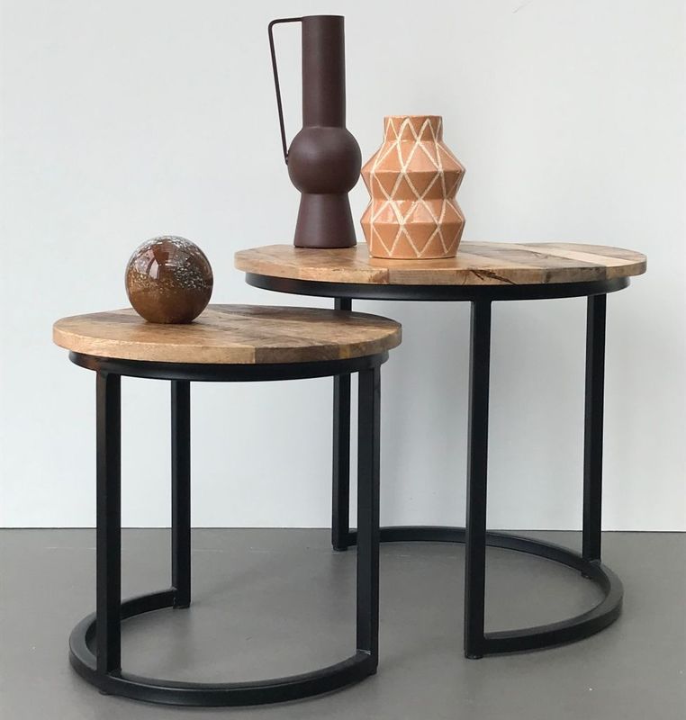 Bijzettafel Bemmel - Naturel - Hout - Set van 2 - Onderstel Zwart - 53x46x53 cm