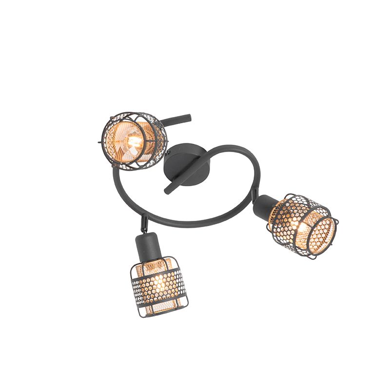 Design plafondlamp zwart met goud 3-lichts rond - Noud