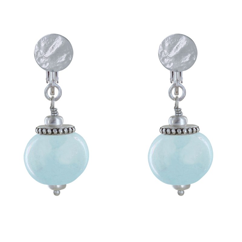 Boucles d'Oreilles Clip Métal Argenté et Grosses Perles en Céramique