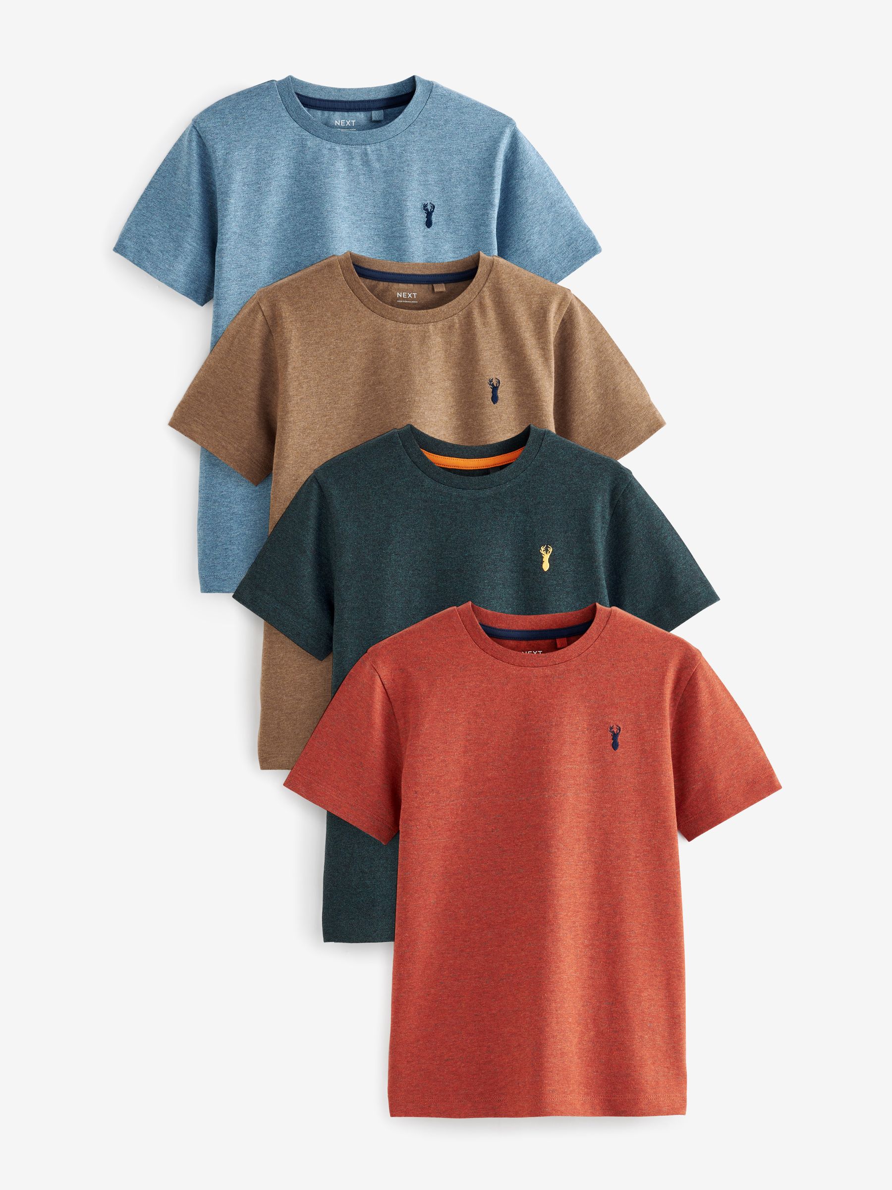 Oranje/Groen/Blauw met textuur - T-shirts met korte mouwen en geborduurd rendier, verpakking van 4 (3-16jr)