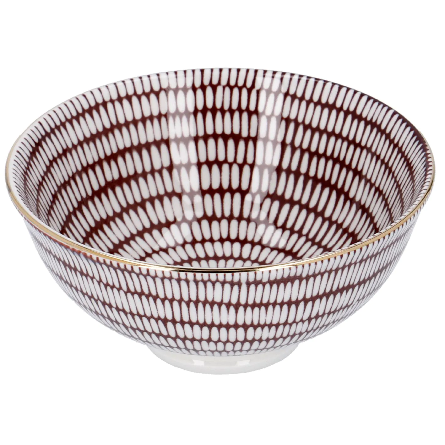 Schale China, tief, bordeaux/weiß, Goldrand, Stäbchen/Kreis