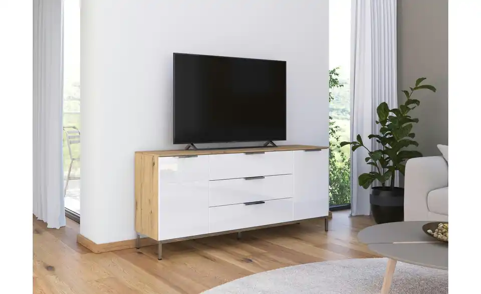 Sideboard Weiß Front: Glas, Oberboden: Dekor verchromt