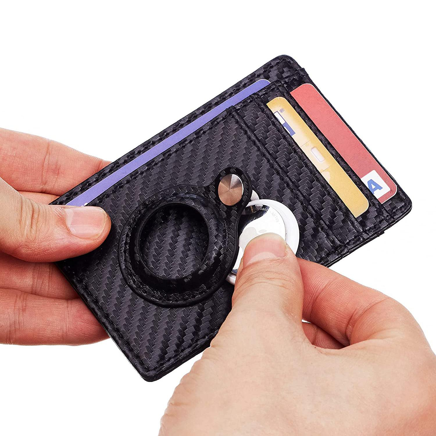 Apple AirTag Wallet Mini Kreditkarten Portemonnaie Leder Etui Geldbörse für 8 Karten - Schwarz (Carbon Optik)