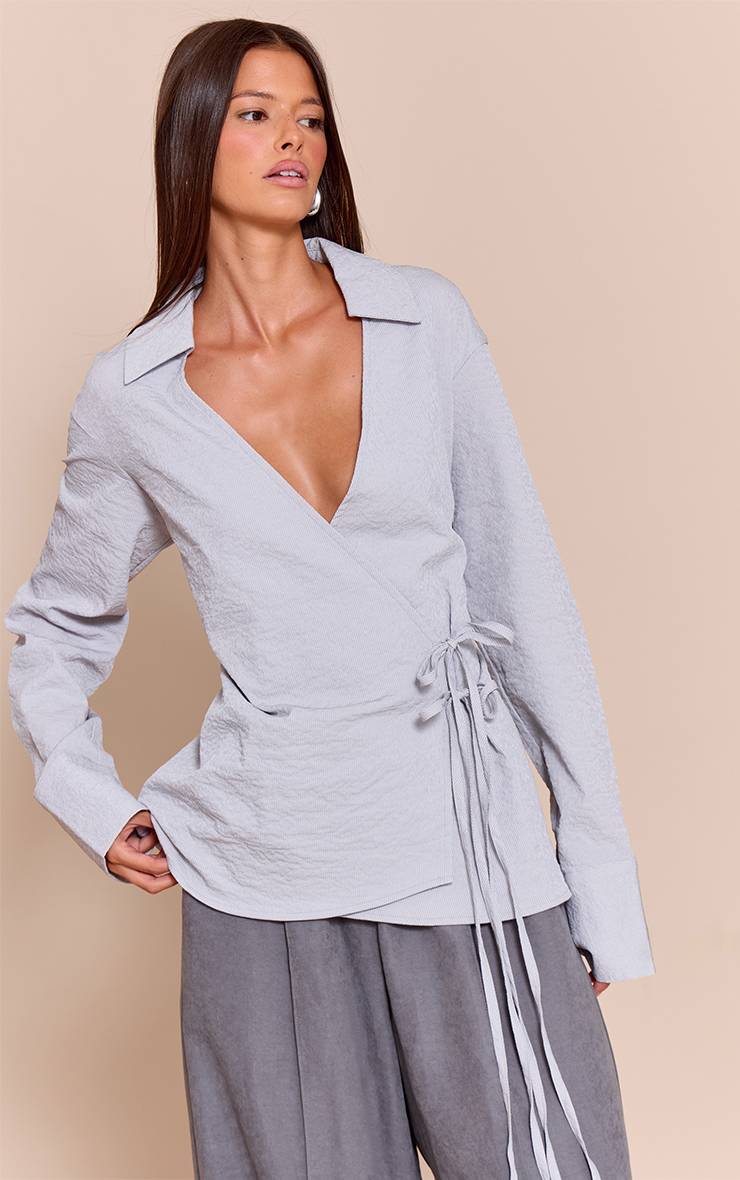 Bleu Clair Chemise Cache-cœur Texturée Avec Lien À Nouer