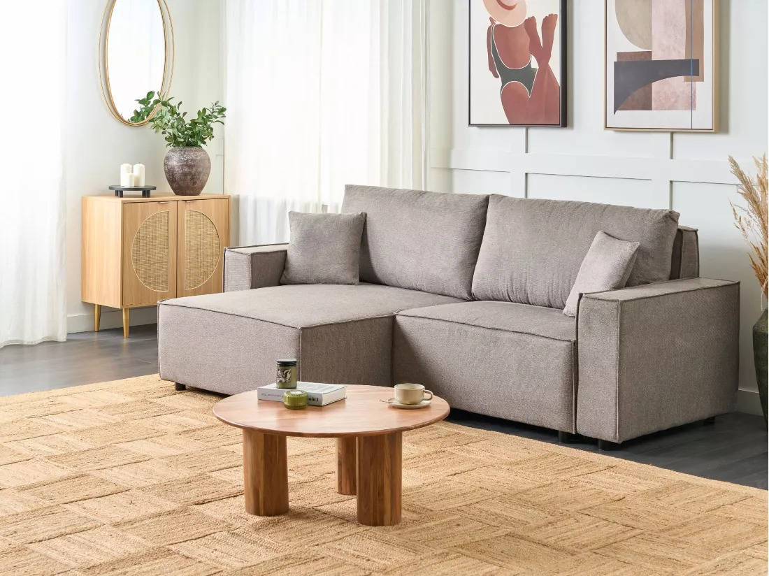 Canapé d'Angle à gauche Moderne Fonction Couchage Dossier Rembourré avec Coussins en Tissu Polyester Taupe Karila