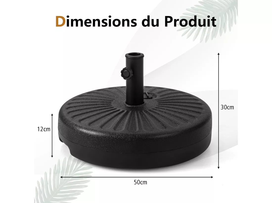 Pied de Parasol Lourd pour Parasolφ38/48 mm, Socle Parasol Extérieur en HDPE Rempli de 28Kg Sable/18L Eau, pour Terrasse Piscine Patio Jardin Restaurant, Dia.50 x H30 cm