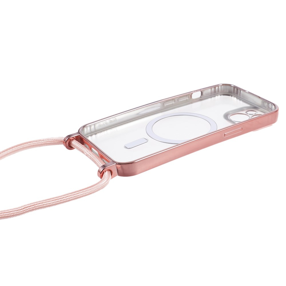 iPhone 15 MagSafe Necklace Gummi Case Hülle Galvanisierter Rahmen mit Handykette (160cm)   Kameraschutz - Roségold / Transparent
