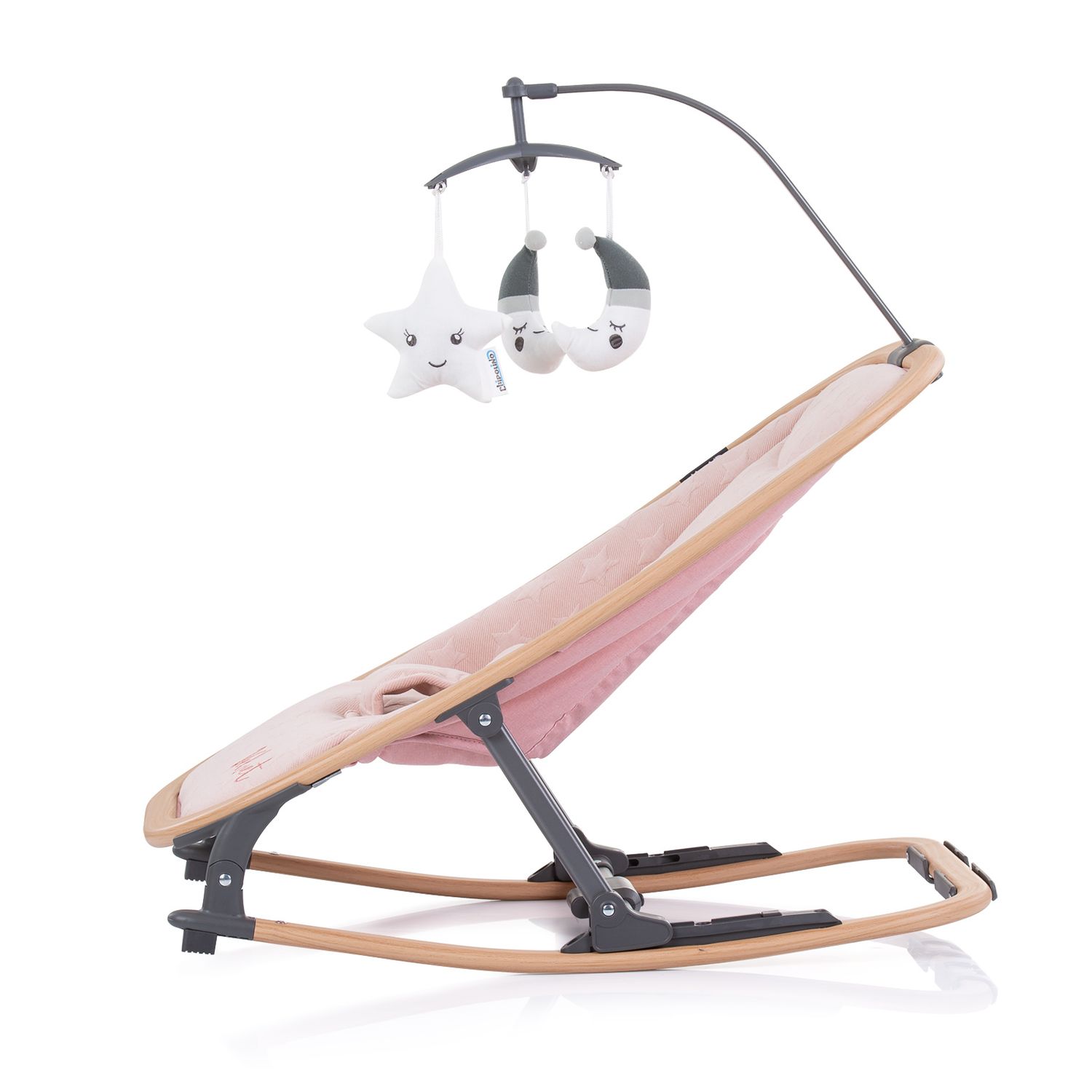 Chipolino Babywippe Velvet faltbar Spielbogen Holzoptik Sicherheitsgurt bis 9 kg rosa