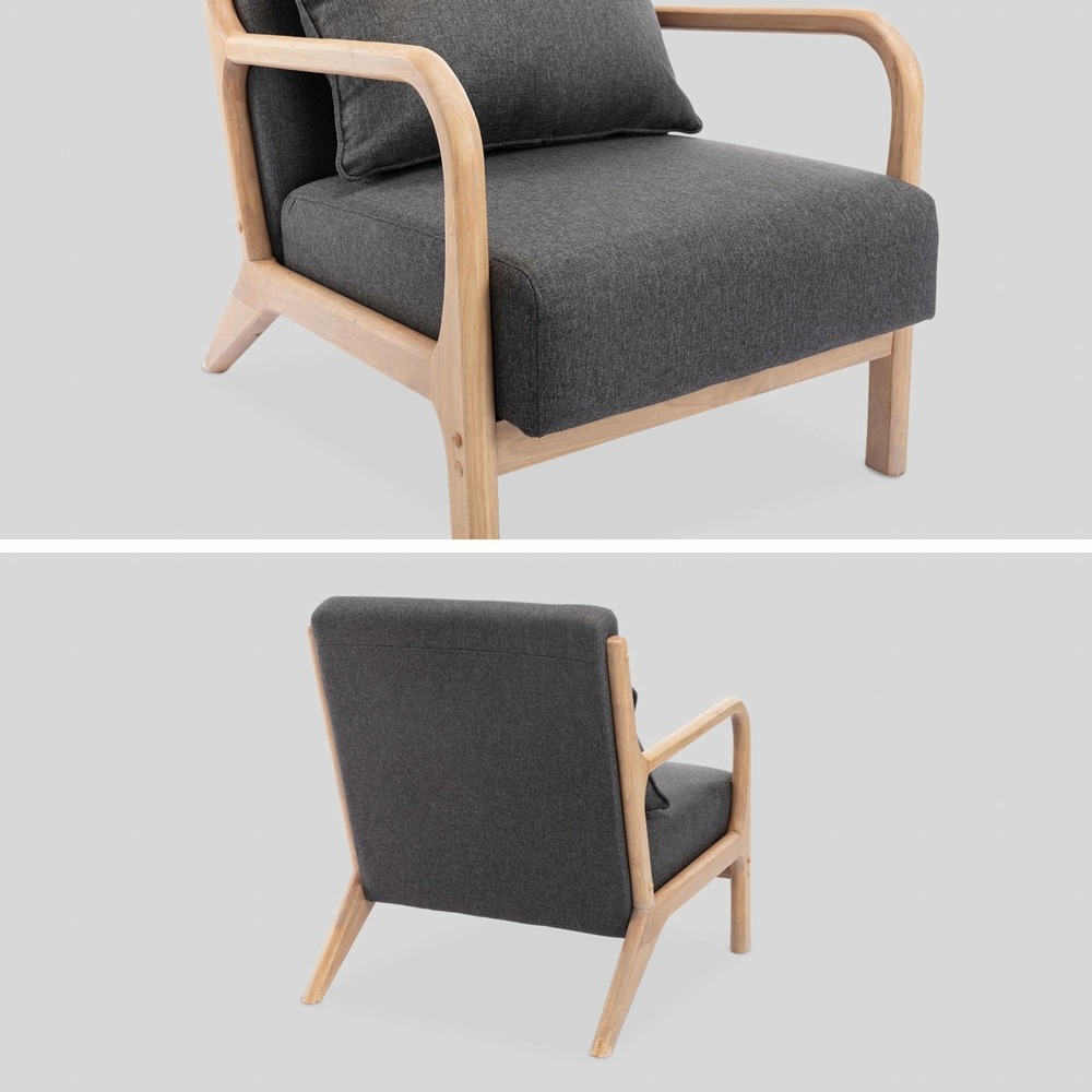 Fauteuil design en bois et tissu. 1 place droit fixe. Pieds compas scandinave. Structure en bois solide. Assise confortable. Gris