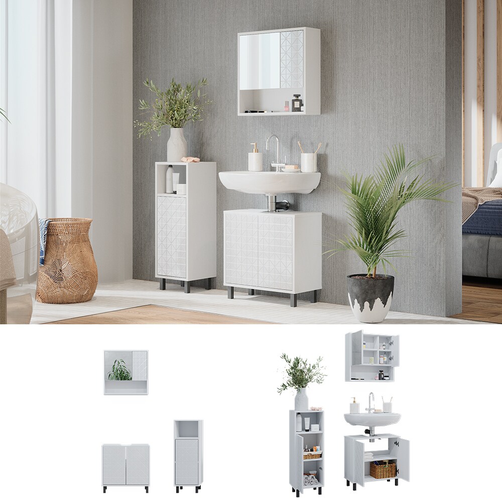 Vicco Badmöbel-Set Agasta weiß, Badezimmerschränke 3D Optik