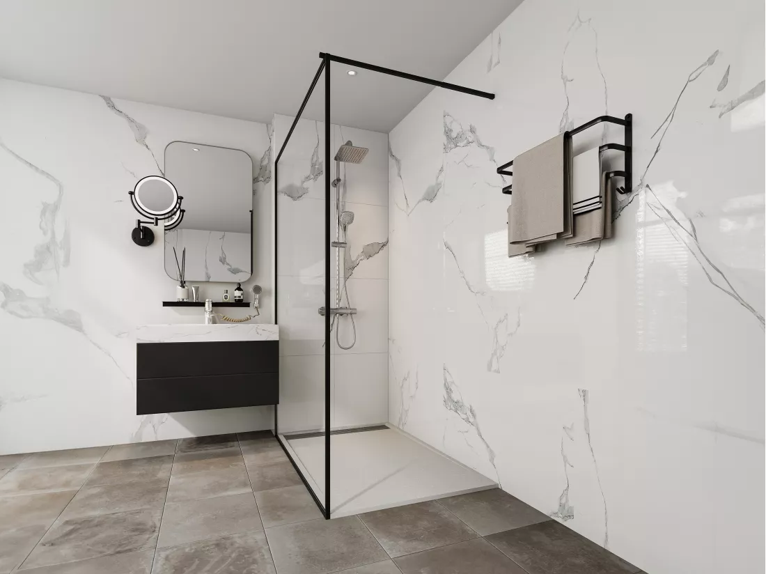 Receveur extra-plat à poser ou à encastrer découpable en résine SMC avec siphon - Blanc - 140 x 90 cm - LYROSA