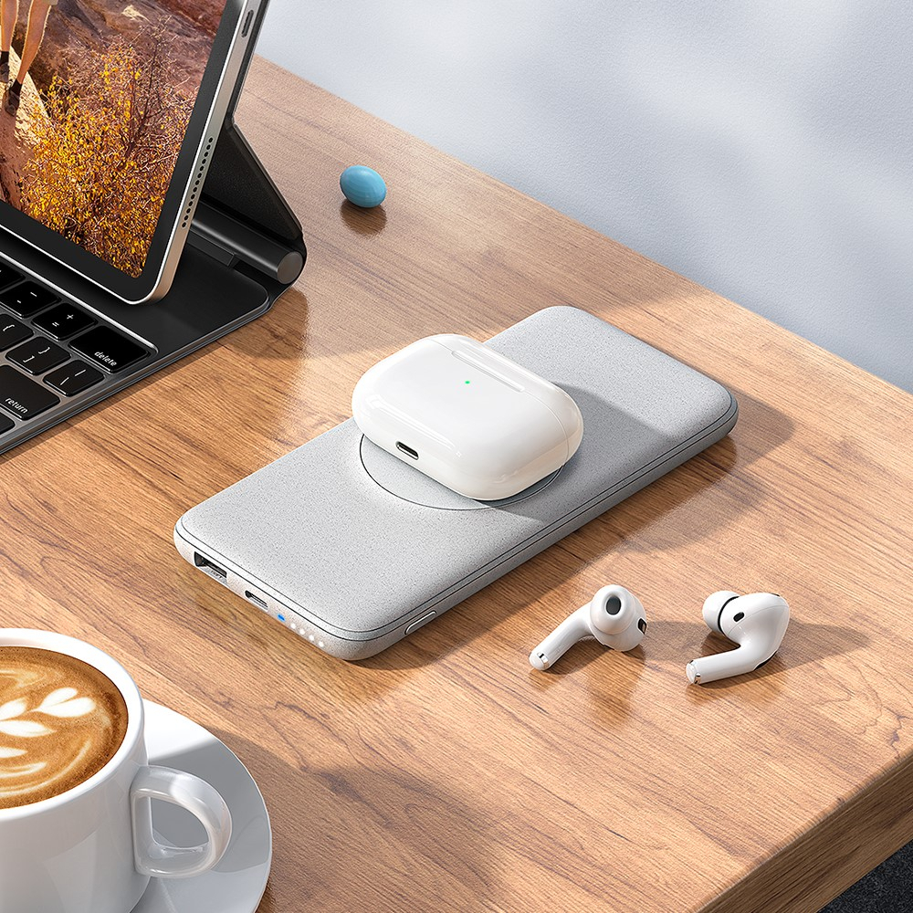 (20W) 10000mAh Qi Wireless MagSafe Ladegerät PD Fast Charge USB C Powerbank mit Power Delivery   Klappbarer Ständer - Grau