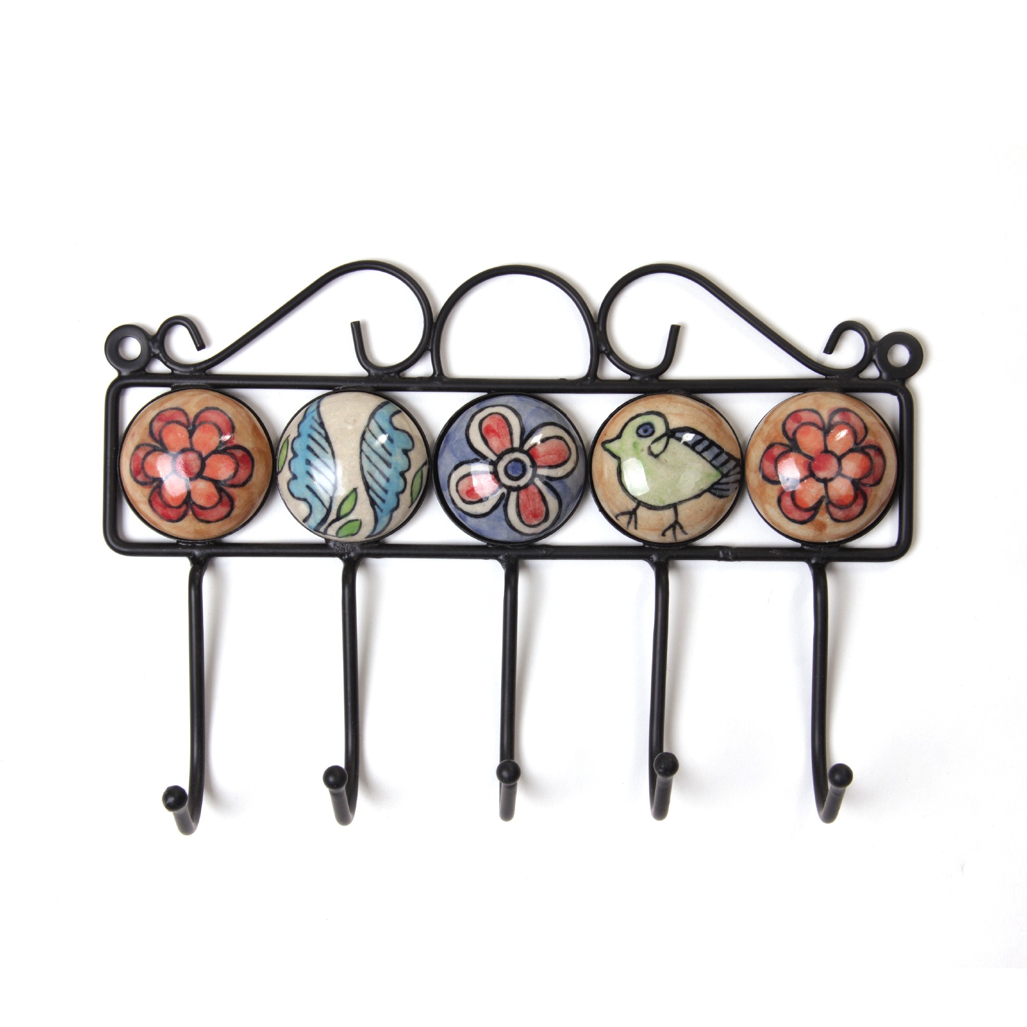 Wandhaken 5fach, handglasiert, L 4,5 cm, B 23 cm, H 15 cm von fischer's lagerhaus