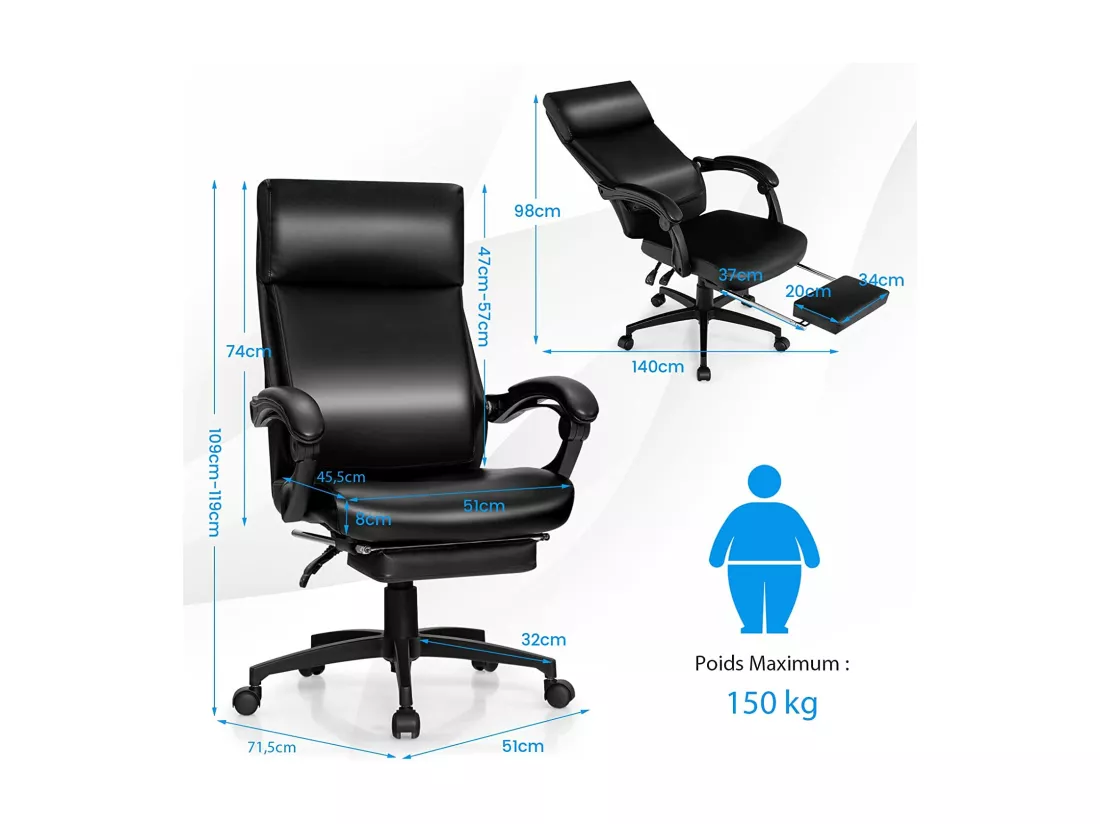 Chaise de Bureau Ergonomique Inclinable Pivotant Réglable en Hauteur avec roulettes Appuie-Tête Accoudoir Repose-Pieds 62 x 71,5 x 109-119 cm Noir
