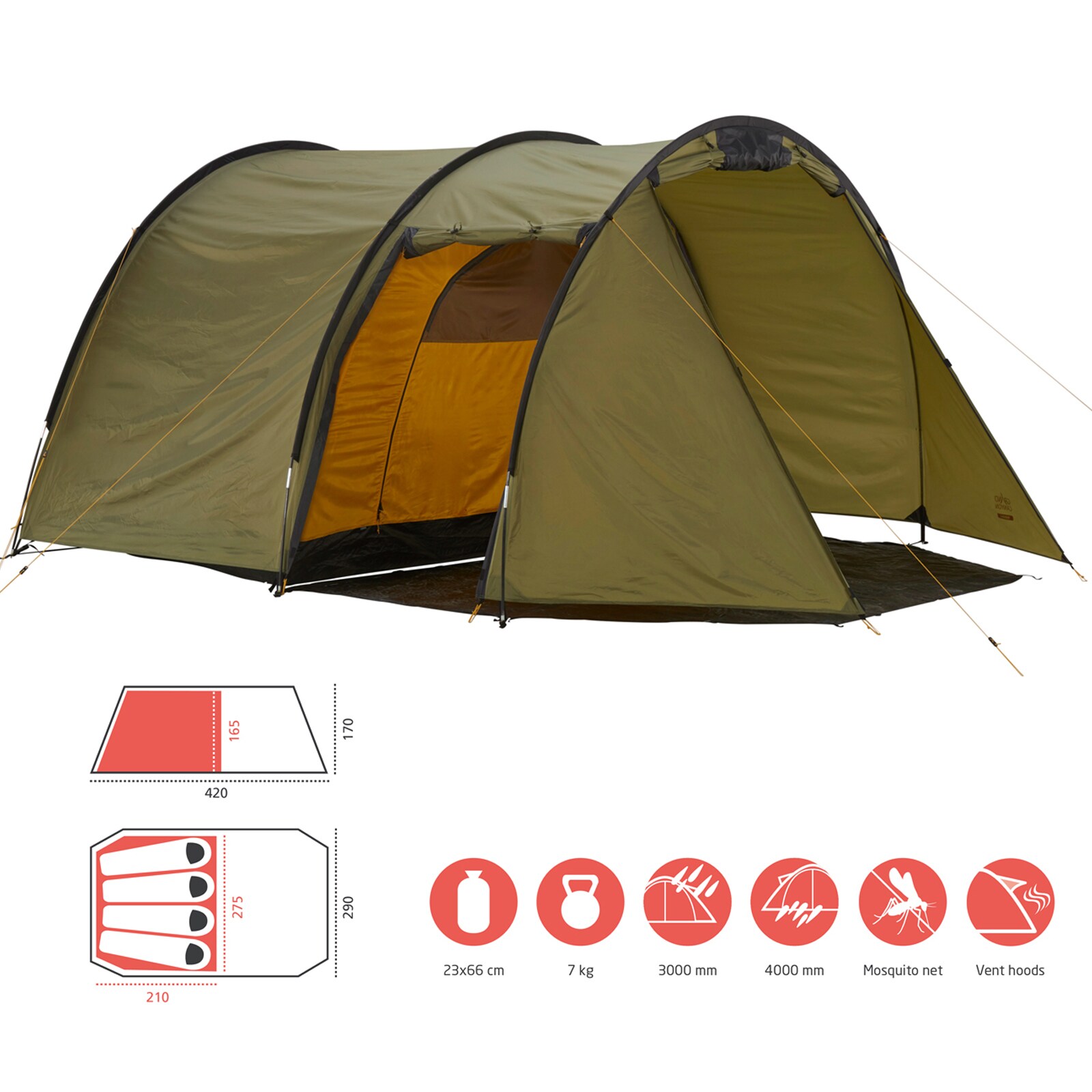 GRAND CANYON Tunelzelt Robson 4 Personen Zelt Familien Camping Leicht Vorraum Farbe: Blue Grass