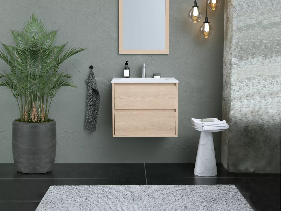 Meuble de salle de bain suspendu avec vasque à encastrer et miroir - Placage chêne - 60 cm - MILIPAM