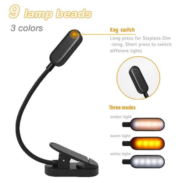 INF Svart Boklampe - LED Clip-on Leselampe for Studenter Sort