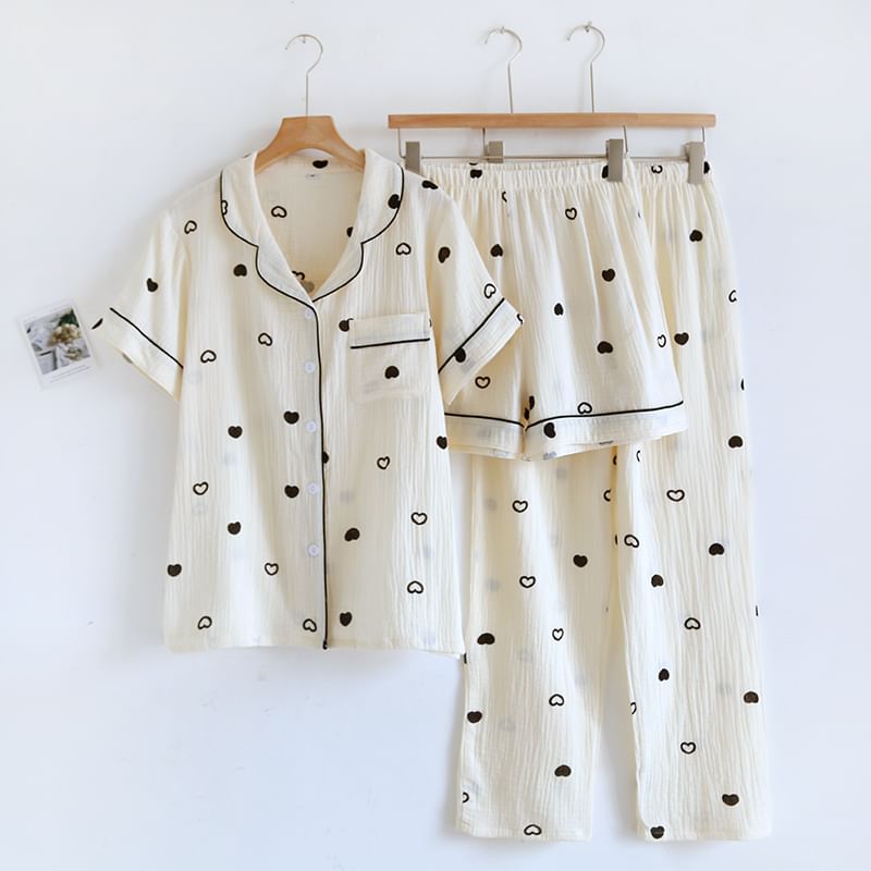 MelMount - Pyjamaset: shirt met korte mouwen, kraag en hartjesprint + elastische tailleband met rechte pijpen + shorts