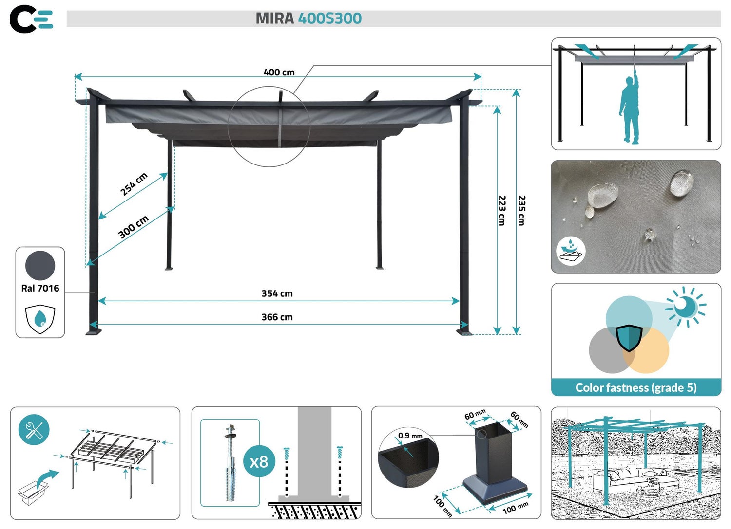 Pergola MIRA 400S300 Lichtgrijs Vrijstaand