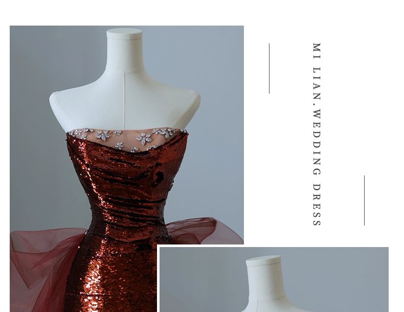 Saunderold - Strapless avondjurk met pailletten, mesh paneel, bloemen en strass accenten