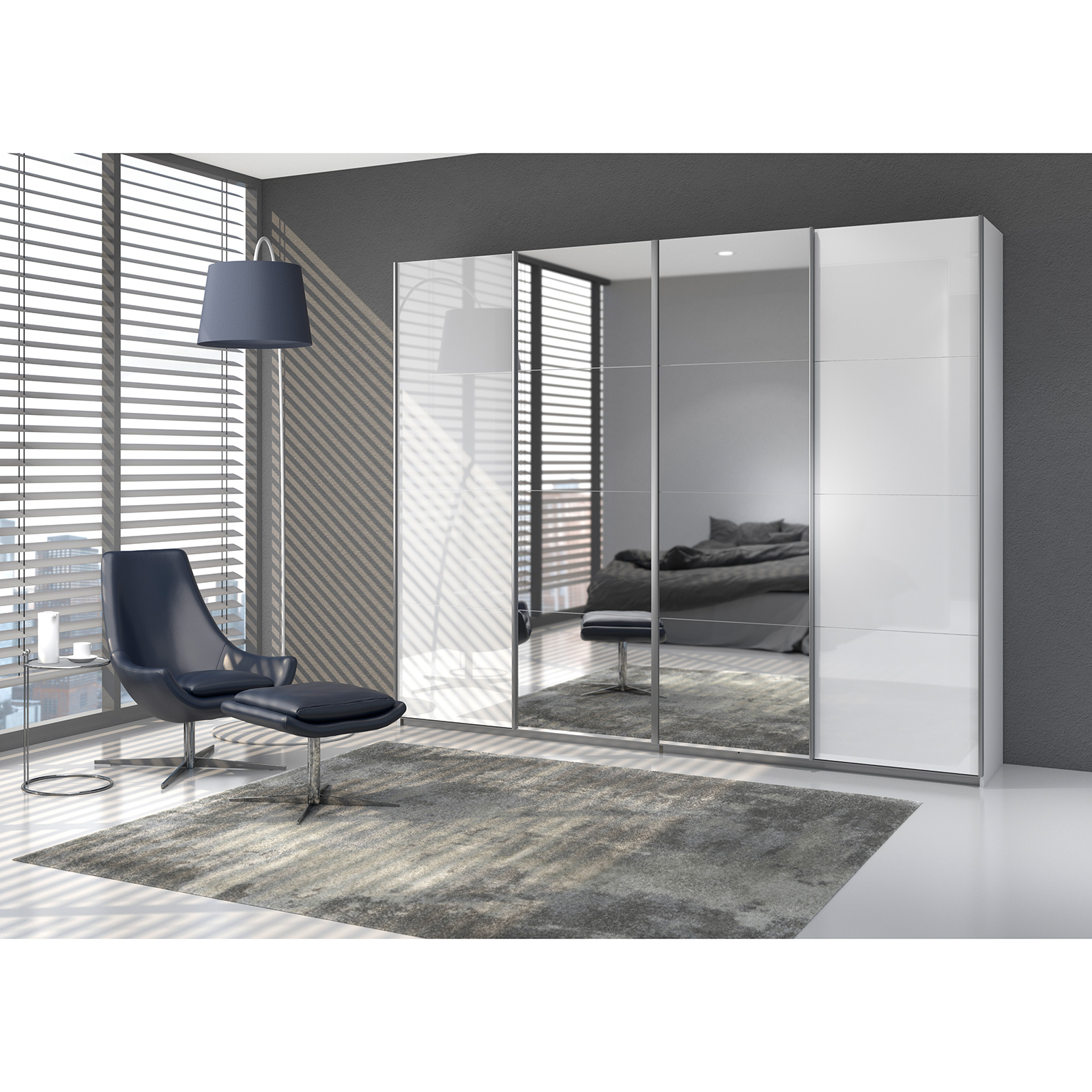 Schwebetürenschrank - Alpinweiß - 2 Glastüren - 2 Spiegeltüren - 271x231 cm