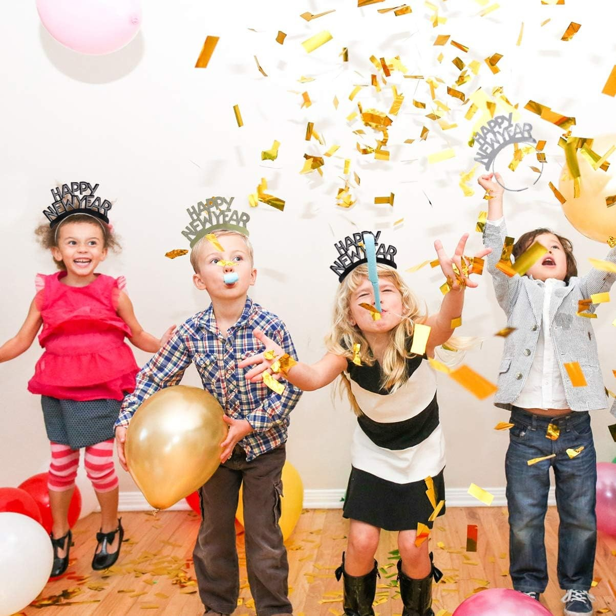 (12er Set) Happy New Year Haarreif Silvester Party Accessoire - Gold / Silber / Schwarz