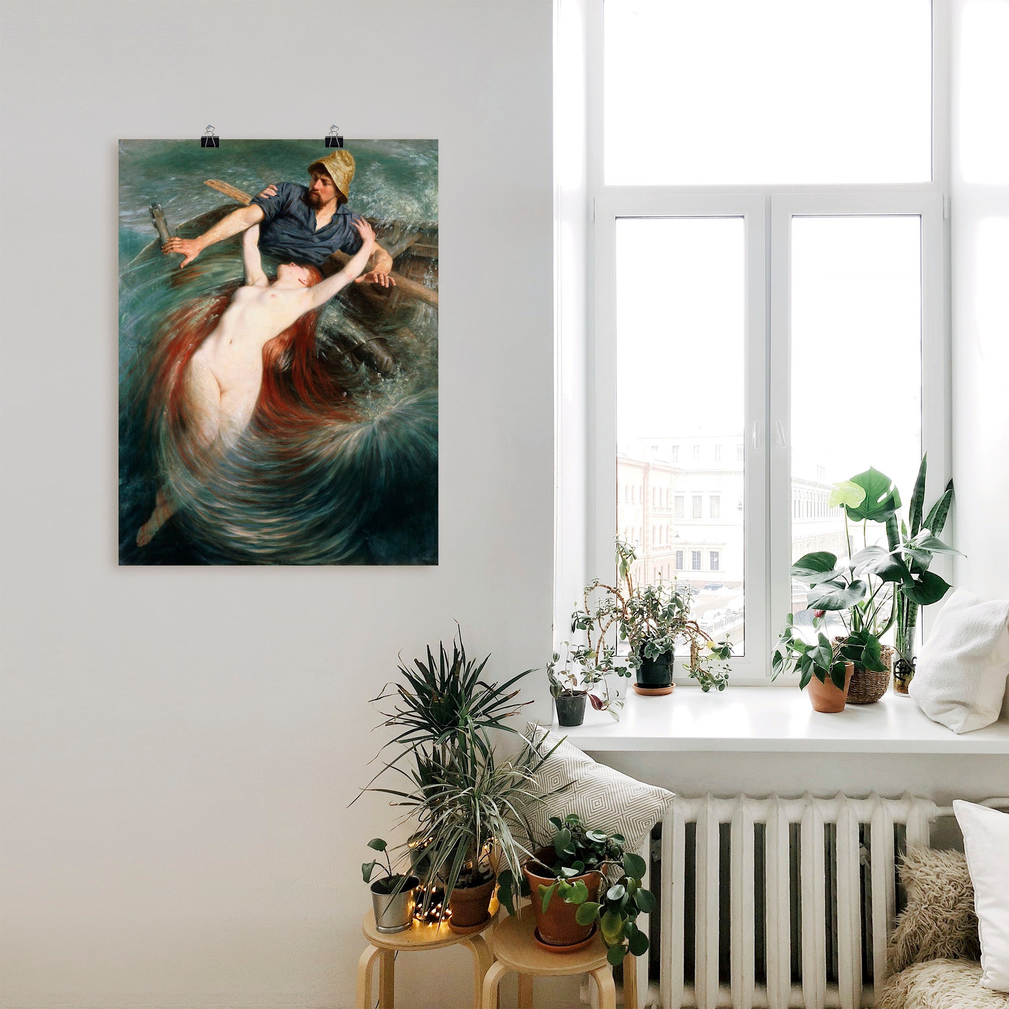 Artland Poster »Ein Fischer in den Fängen einer Sirene.« klassische Fantasie 1 Stk. tlg. als Leinwandbild, Poster in verschied. Grössen