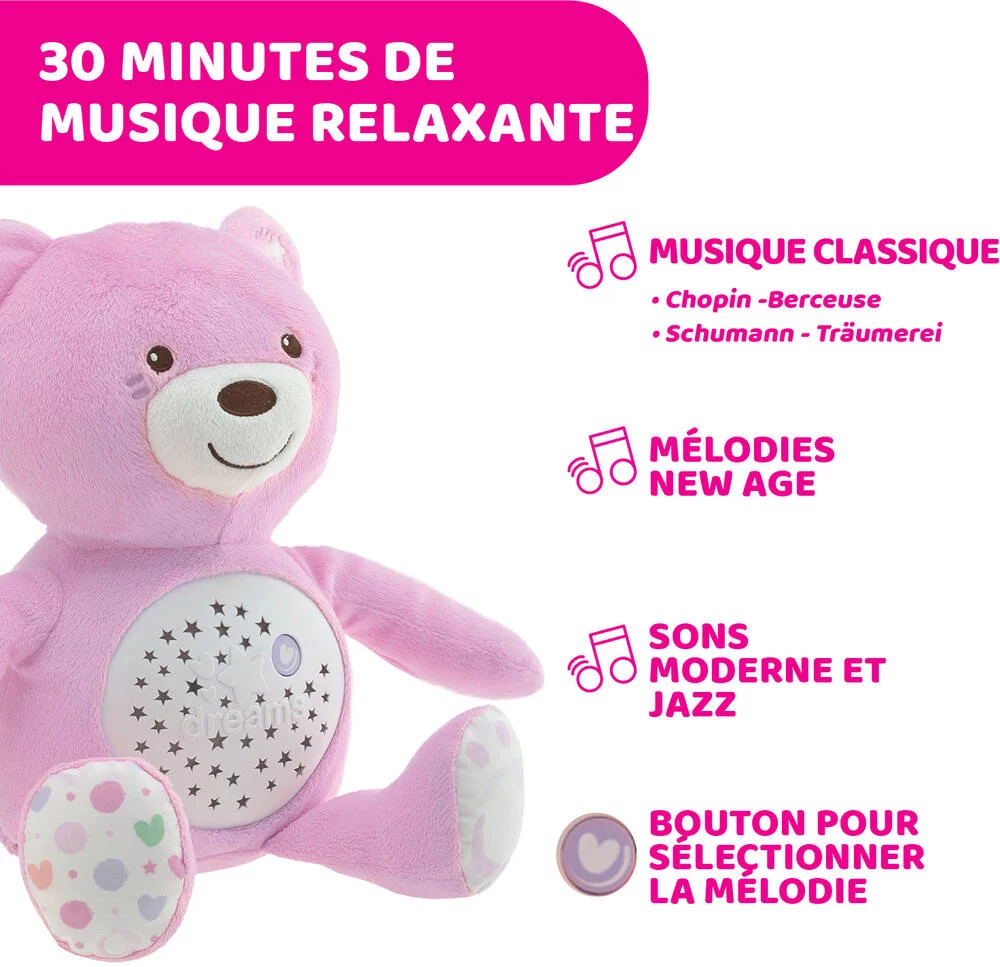 FIRT DREAMS - PELUCHE OURSON PROJECTEUR BABY BEAR ROSE
