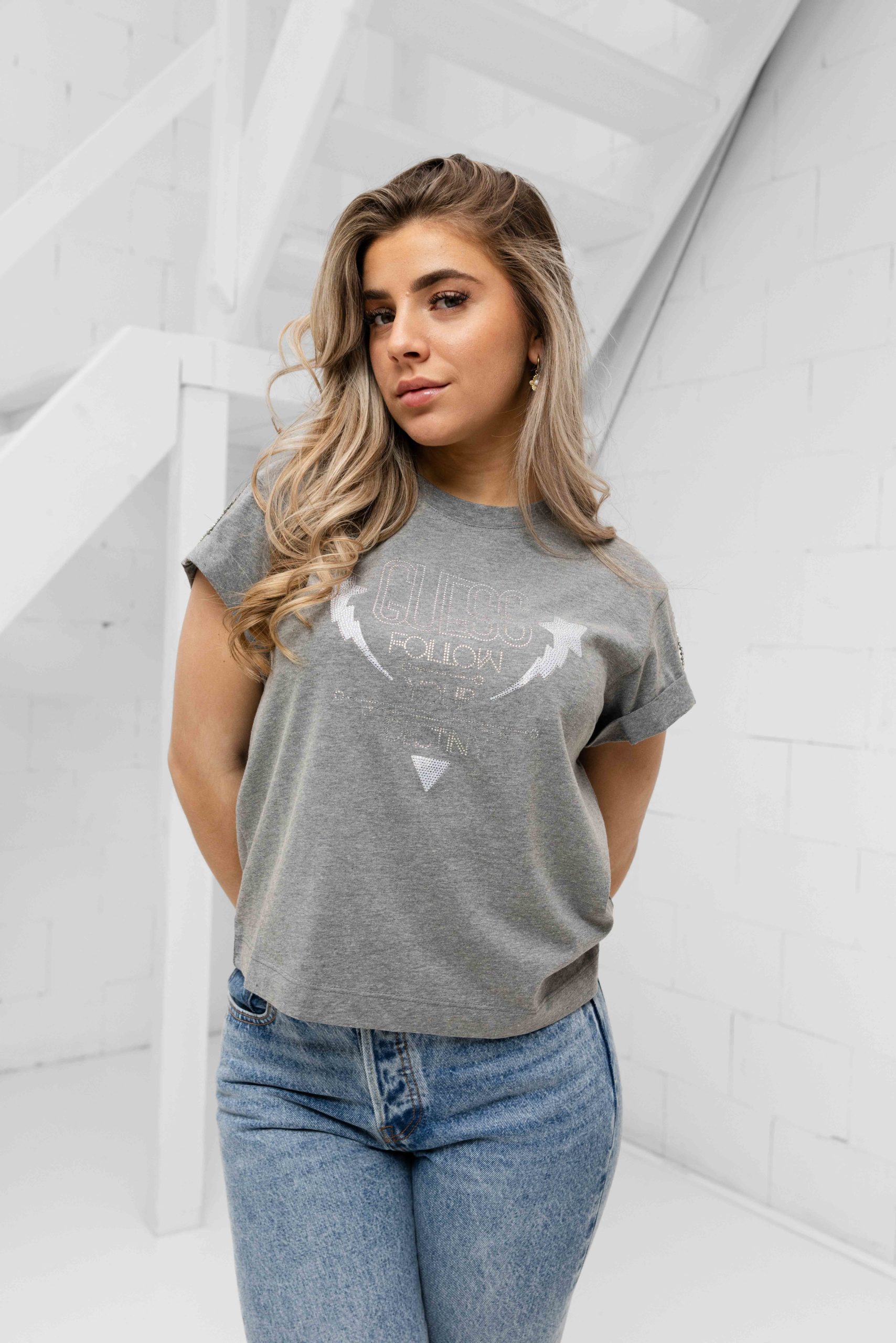 Guess CN Sleeves Strass T-Shirt Dames Grijs