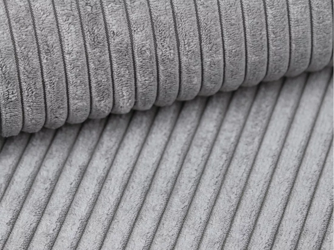 Canapé d'angle droit convertible express en velours côtelé gris clair - Couchage 140 cm - Matelas 13 cm AMELIA II