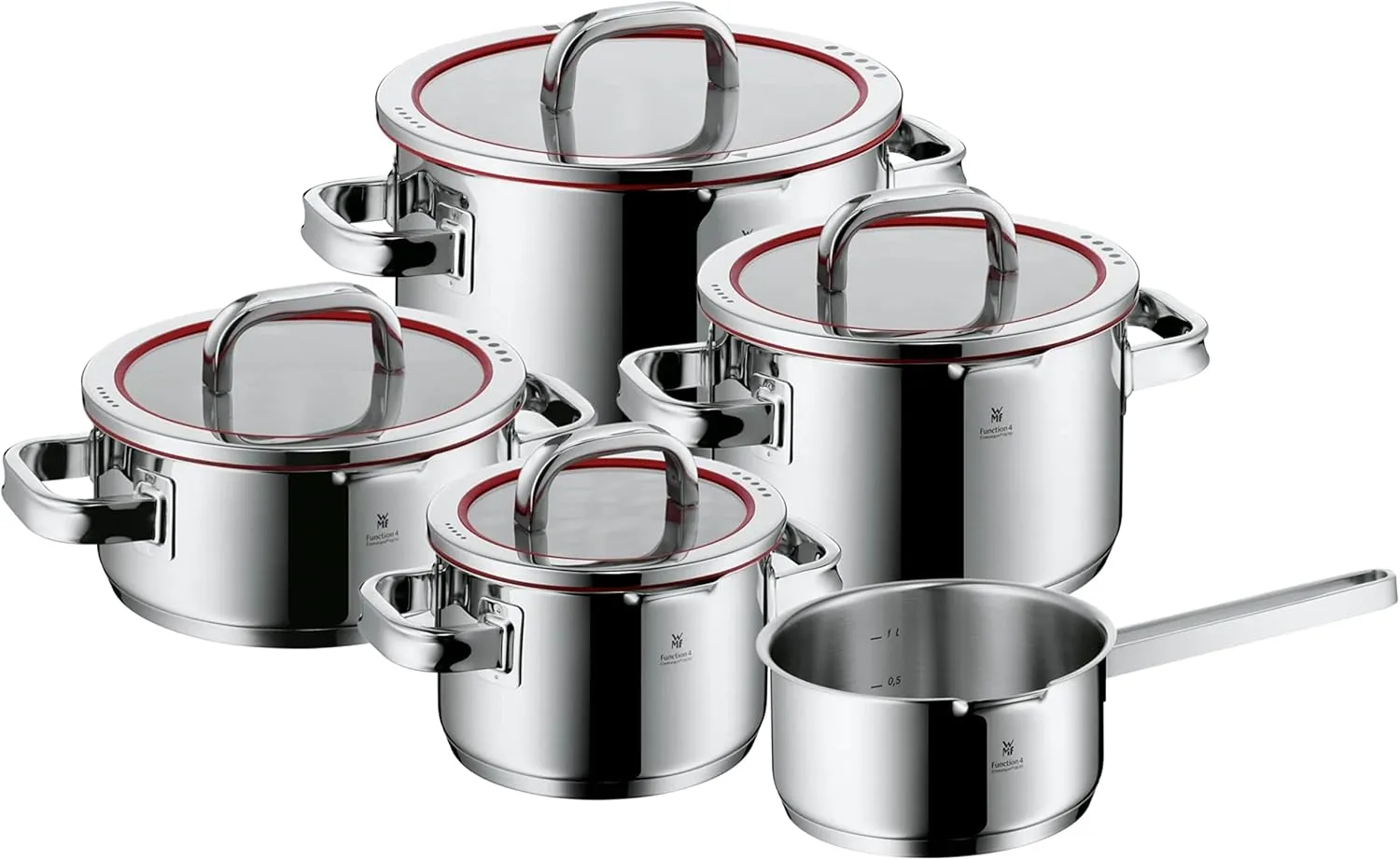 WMF Function 4 Topfset Induktion 5-teilig, Glasdeckel mit 4 Abgießfunktionen, Cromargan Edelstahl poliert, Induktions Töpfe Set, Innenskalierung