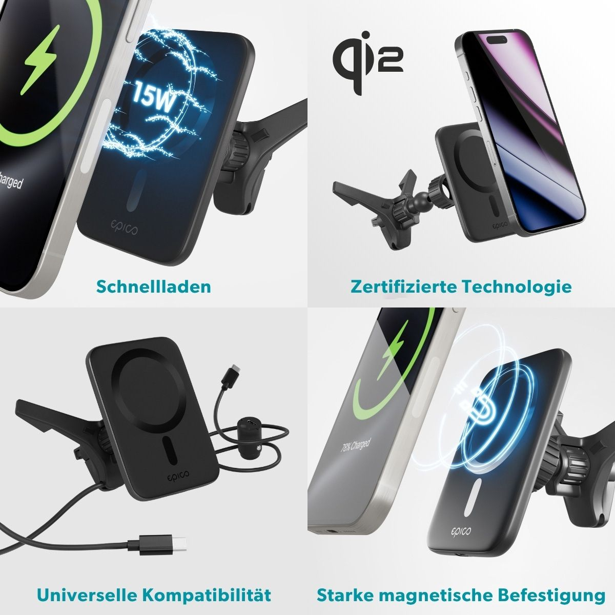 (15W) MagSafe Auto KFZ Halterung für Lüftungsgitter Qi2 Wireless Fast Charging Ladestation (9915101300252) - Schwarz