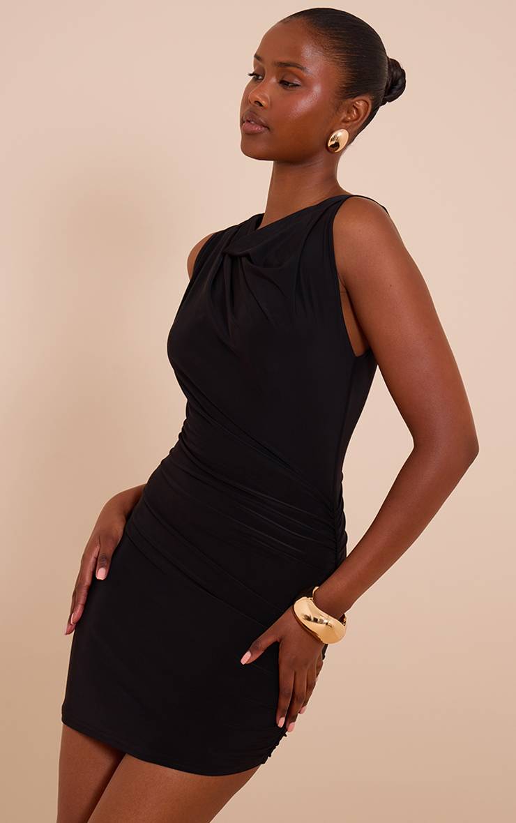 Noir Robe Moulante Col Nageur À Épaule Froncée En Tissu Slinky